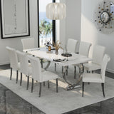 Asday 9 Piece Dining Table Set, Luxury White and Silver Dining Room Table Set with 80 inch Rectangular Dining Table and 8 White Leather Dining Chairs Asday