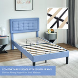 VECELO Twin Size Bed Frame with Adjustable Headboard, Upholstered Button Tufted Platform Bedframe with Wood Slats Support, No Box Spring Needed, Light Blue VECELO