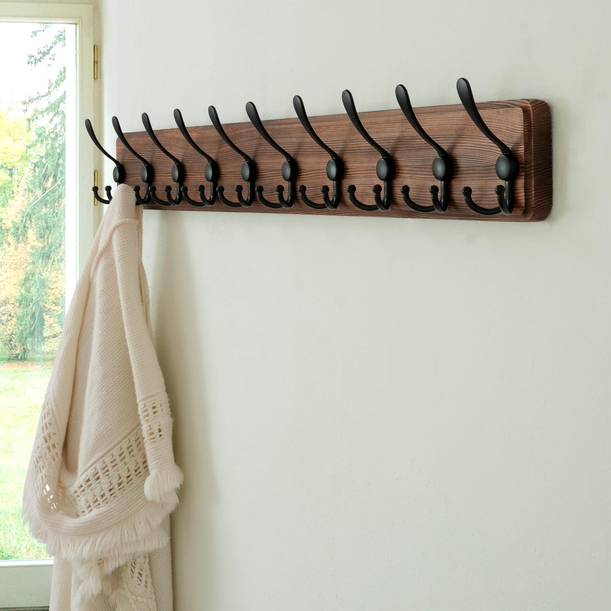 Dseap Coat Rack Wall Mounted - 10 Tri Hooks, 38-1/4" Long, Heavy Duty Wooden Wall Coat Hanger Coat Hook for Clothes Hat Jacket Clothing, Natural & Black Dseap