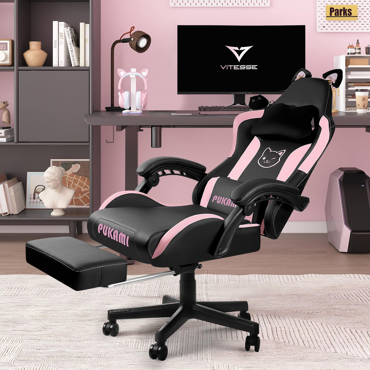 VITESSE Pink Gaming Chair for Girl with Cat Paw Lumbar Cushion and Cat Ears, Ergonomic Computer Chair for Girl with Footrest and Headrest Comfortable Reclining PC Game Chair for Adult,Kid (Black) VITESSE