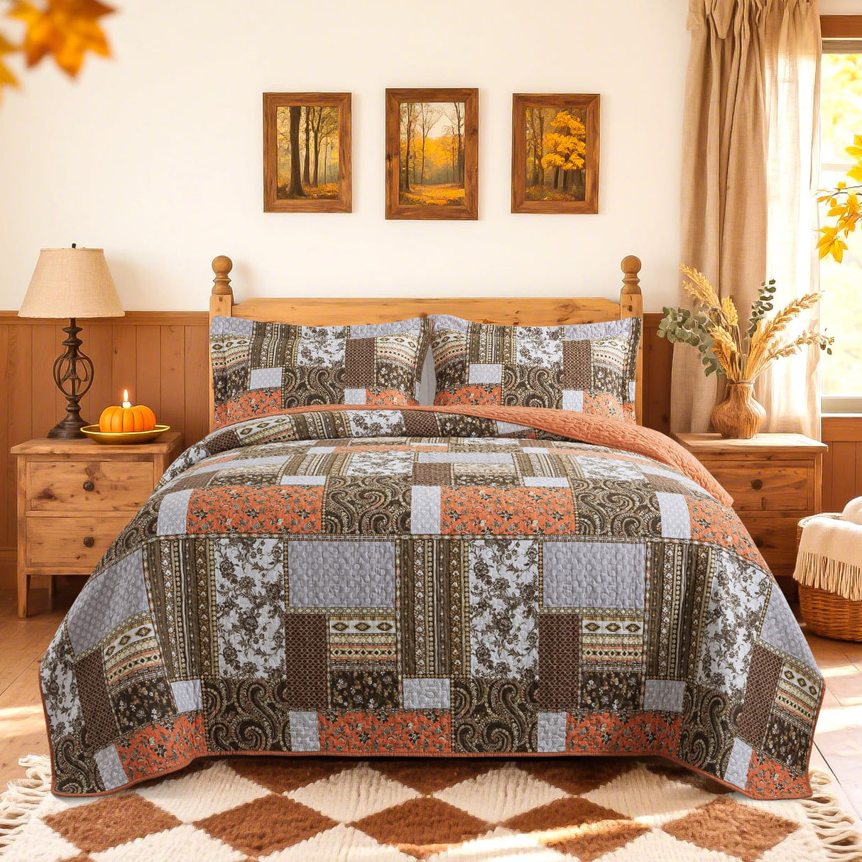 BEDIFANY Farmhouse Cotton Quilts Queen Size for Fall - Lightweight Patchwork Autumn Bedspread Set for Bed Coverlet - Highly-Woven Soft Reversible Bed Spread for All Seasons (Floral Orange) 3 Pieces BEDIFANY