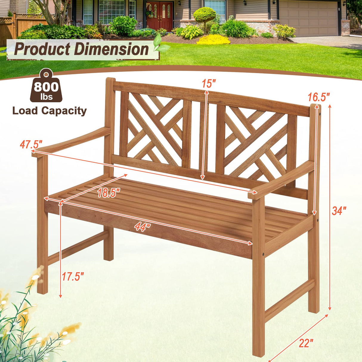 Giantex 2-Person Acacia Wood Outdoor Loveseat Bench - Sturdy Backrest & Armrests, 800lbs Capacity Giantex