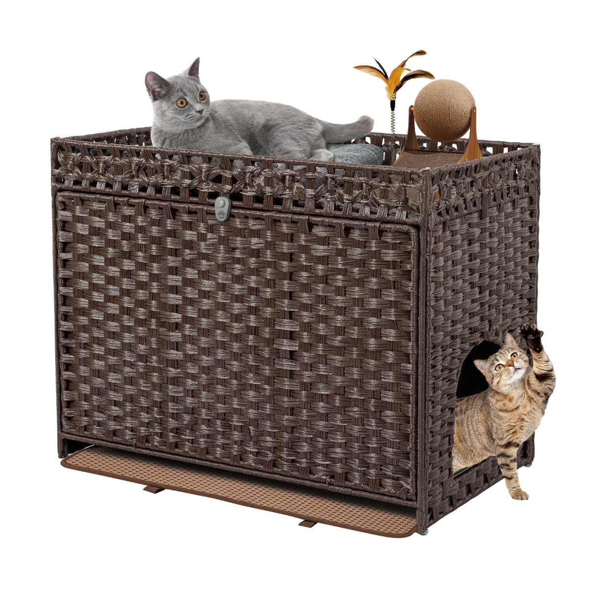DOVEAID Cat Litter Box Enclosure Furniture Hidden, Pet House Litter Box Furniture for Large Cats, Handwoven Rattan with Door Cat Washroom Box, Indoor Cat House Storage with Soft Litter Mat, Brown DOVEAID