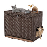 DOVEAID Cat Litter Box Enclosure Furniture Hidden, Pet House Litter Box Furniture for Large Cats, Handwoven Rattan with Door Cat Washroom Box, Indoor Cat House Storage with Soft Litter Mat, Brown DOVEAID
