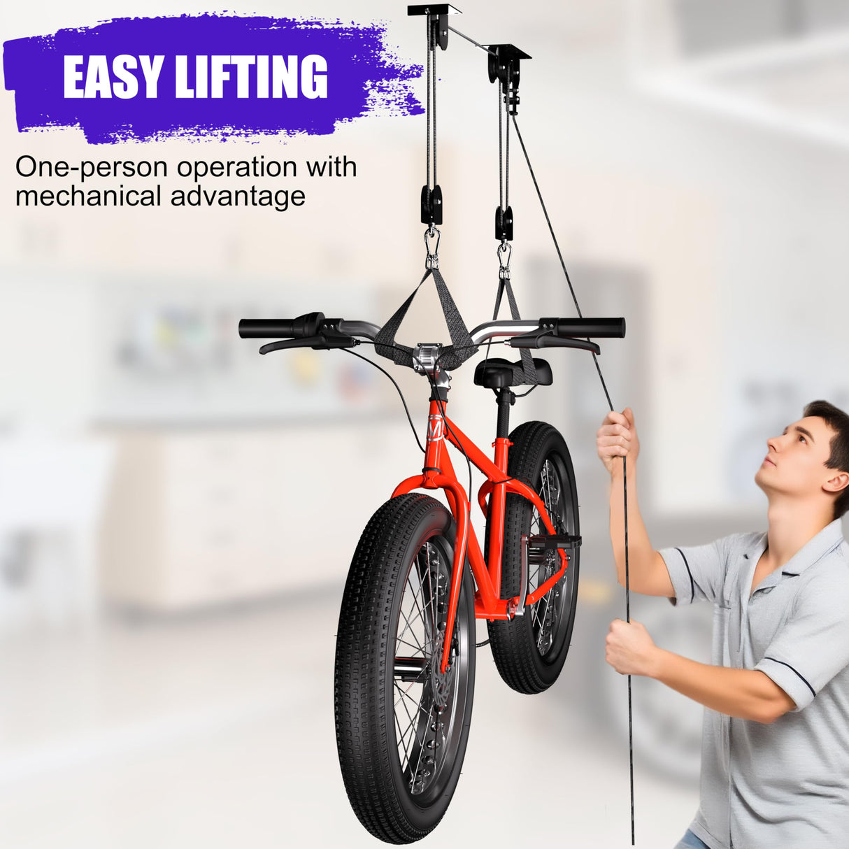 TRUSOON Bike Hoist, Heavy Duty Ebike Lift Pulley System for Garage Ceiling Overhead Storage for Bicycle, Ladders, Snowboard, Holds Up to 85 lbs Capacity, Fit 10-16 Foot High Ceilings TRUSOON