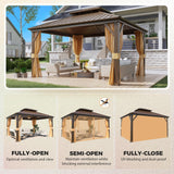 YOLENY 12' x 14' Gazebo Hardtop with Aluminum Frame,Galvanized Steel Double Roof Gazebos with Curtain and Netting,Outdoor Metal Pergolas for Garden, Lawn, Deck, Brown YOLENY