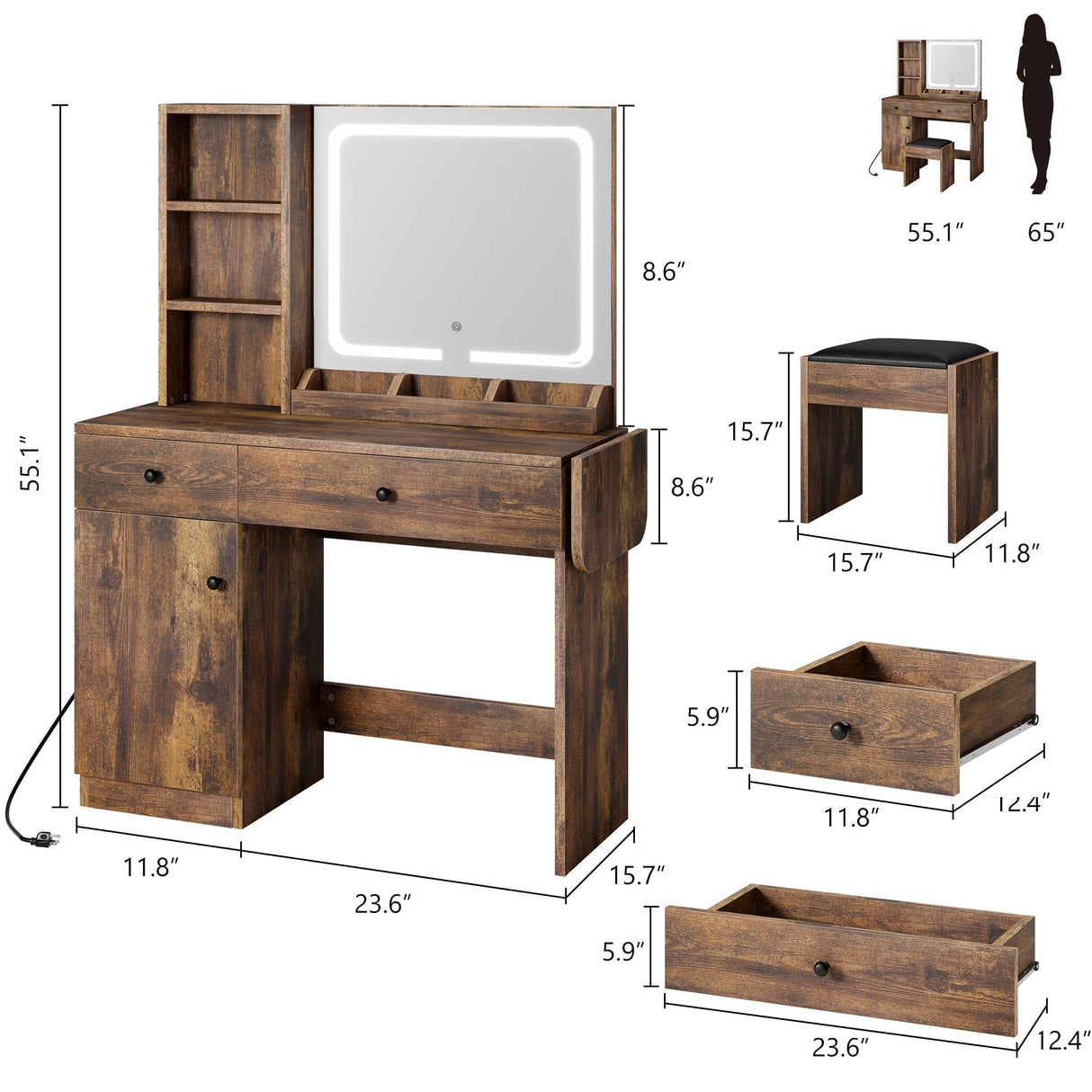 GarveeHome Makeup Vanity Desk with Mirror and Lights, Vanity Table Set with Drawer & Power Outlet ＆ Storage Chair & 3 Shelves, Bedroom, Brown GarveeHome