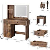 GarveeHome Makeup Vanity Desk with Mirror and Lights, Vanity Table Set with Drawer & Power Outlet ＆ Storage Chair & 3 Shelves, Bedroom, Brown GarveeHome