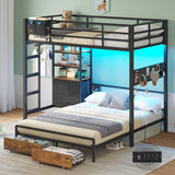 Twin Over Full Size Bunk Bed with 4 Storage Drawers and Bookshelf, Metal Bunk Beds with LED Lights, Charging Station, Loft Bunk Bed with Pegboard, Safety Guardrail and Ladders, for Kids, Teens, Adults mojiasion