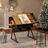 Roockky Adjustable Drafting Table, Multi-Functional Tilting Drawing Desk with Stool, Wood Painting Table Artist Desk for Home Office School, Brown-B Roockky