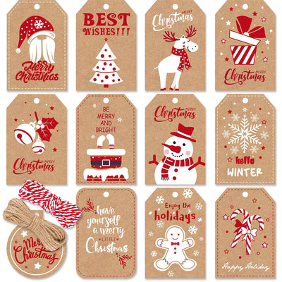 Christmas Gift Tags with String, 144 PCS Gift Tags for Christmas Presents, Kraft Christmas Tags for Gifts