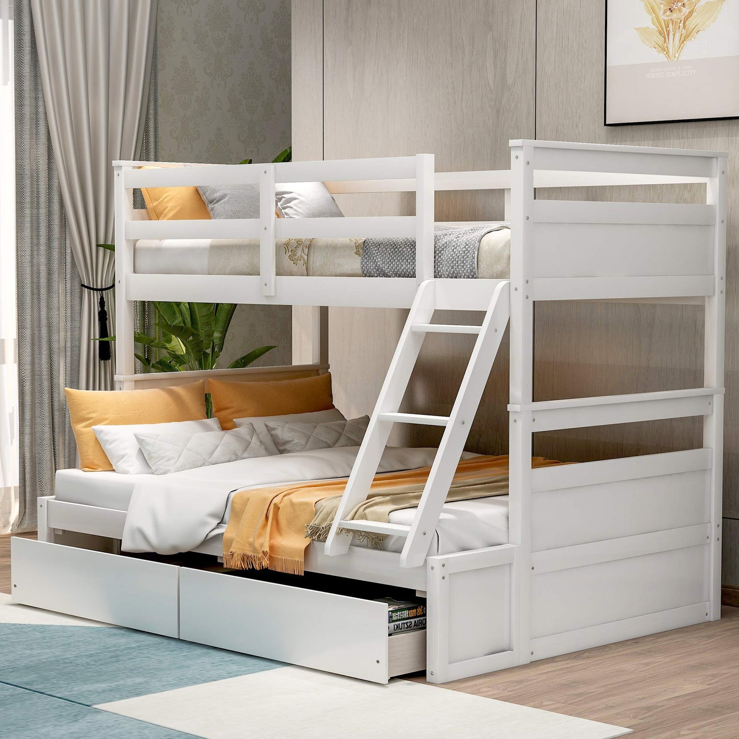 Merax Twin Over Full Bunk Bed with Under Bed Storage Drawers in White - WoodArtSupply