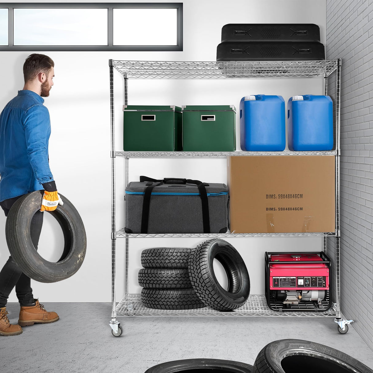 Rengue Wire Shelving with Wheels, 60"x 24"x72" Metal Storage Shelves, 4-Tier Heavy Duty Garage Storage Shelves, Chrome 2400LBS Capacity Wire Shelf Rack for Restaurant, Garage, Pantry, Kitchen Rengue