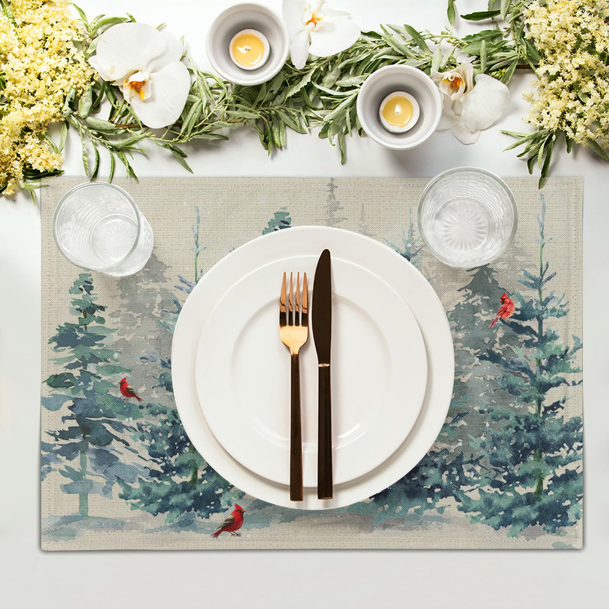 Winter Forest Tree Placemats Set of 4，Pine Tree Christmas Red Bird Heat Resistant Non Slip Place Mats Cotton Linen Tablemats for Dining Table Kitchen Decor 18 x 12 Inch Imiss