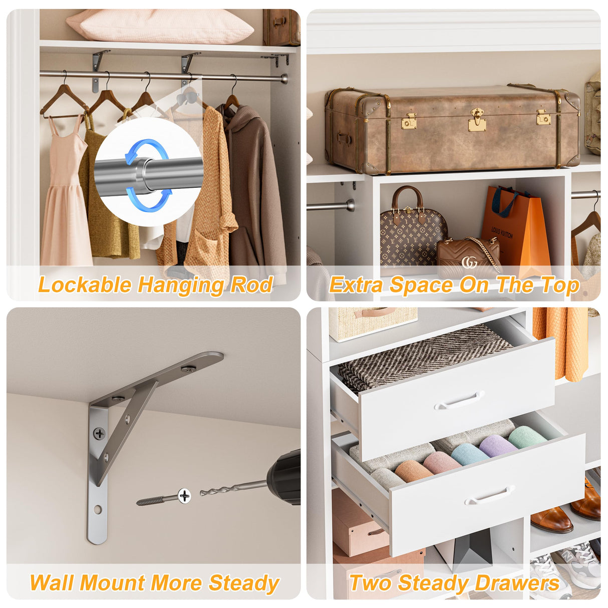 MJOMKN 8FT Closet System with Drawers, Walk-In Closet Organizer with 3 Adjustable Hanging Rods, Wood Closet Storage, Heavy Duty Clothes Rack, 96" L x 16" W x 75" H, Adjustable Wardrobe Rack, White MJOMKN