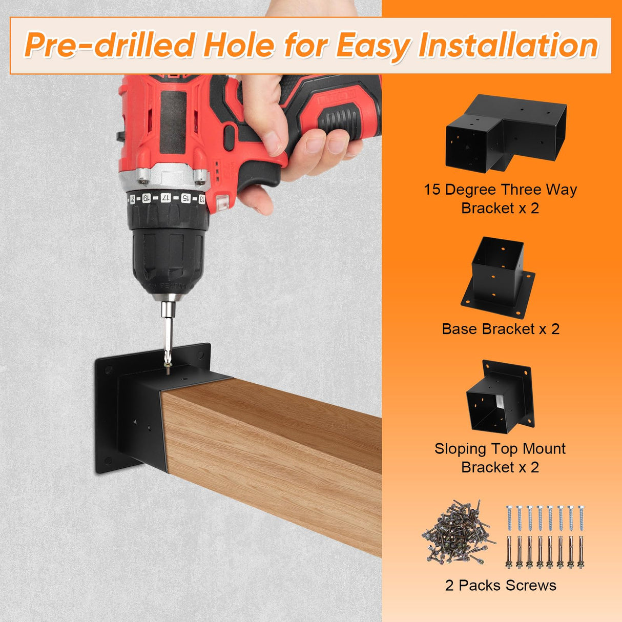 Ejoyous Pergola Bracket Kit, 3 Way 15 Degree Pergola Mounting Bracket Kit for 4x4in Lumber Wood Posts, Metal Gazebo Post Base Support Bracket for Pergolas Gardens Patio Ejoyous