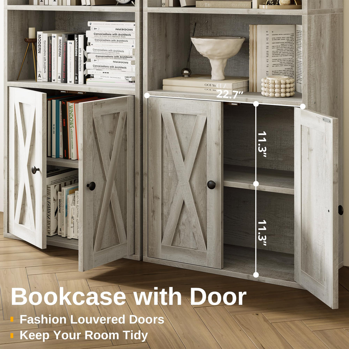 IRONCK Industrial Bookshelves and Bookcases with Doors 11.8 in Depth Set of 2 Floor Standing 5 Shelf Display Storage Shelves Bookcase Home Decor Furniture for Home, Office, Living Room, Bedroom IRONCK