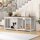 DAWNSPACES Double Dog Crates Furniture for Large Dogs, 71" Heavy Duty Wooden Large Dog Kennel with Removable Divider for 2 Dogs, Indoor Furniture Style Dog Crate House TV Stand, White DAWNSPACES