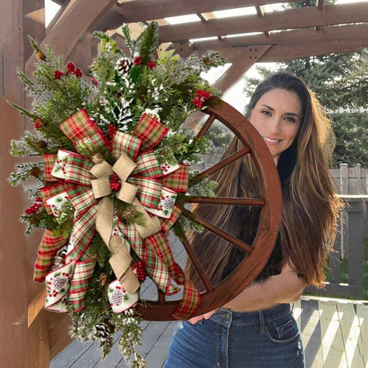 Farmhouse Christmas Wreath for Front Door Artificial Outdoor Christmas Wreath Front Door Christmas Wheel Wreaths with Bows Christmas Garlands for Front Door Home Decoration (A)