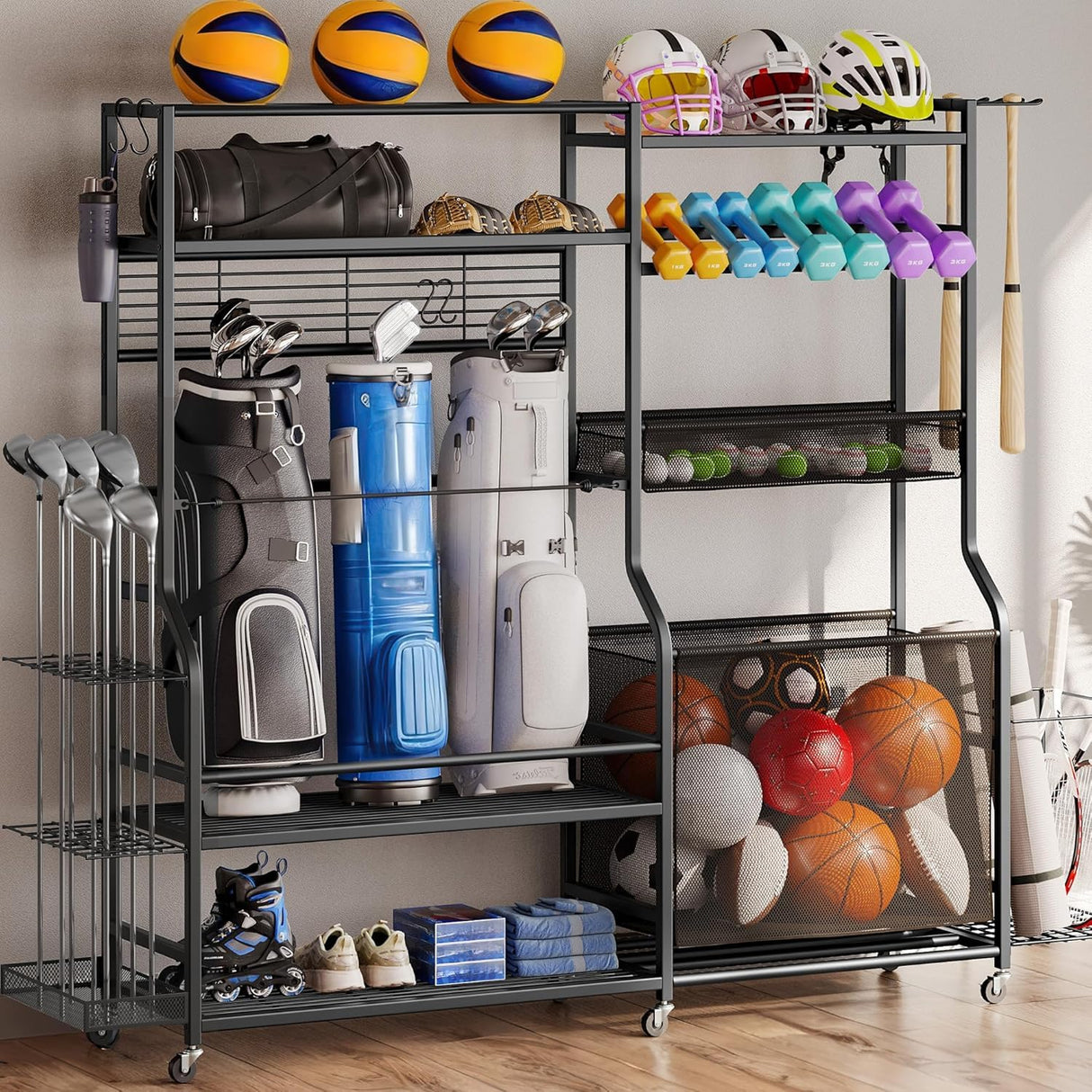 DWVO Sports Equipment Organizer, 3 Golf Bags Storage Stand with Wheels, Sport Gear Accessories Rack and Ball Organizer Bin for Garage DWVO