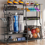 DWVO Sports Equipment Organizer, 3 Golf Bags Storage Stand with Wheels, Sport Gear Accessories Rack and Ball Organizer Bin for Garage DWVO
