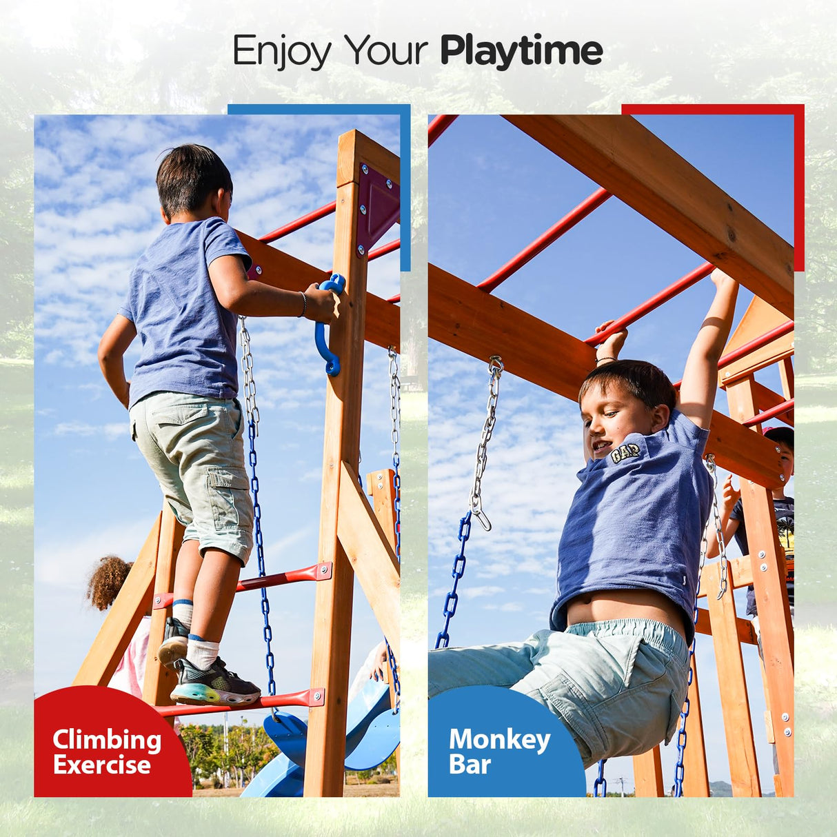 Dolphin Playground Cedar Wooden Swing Sets for Backyard, Outdoor Playset for Kids with Monkey Bar, 2 in 1 Outdoor Table, Wave Slide, Climbing Wall, and 2 Belt Swings, Playground Sets for Backyards DOLPHIN PLAYGROUND T