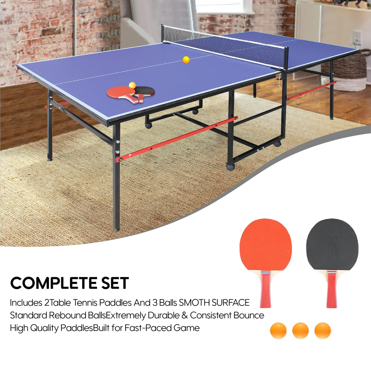 8FT Mid-Size Table Tennis Table, Professional Foldable Ping Pong Table for Indoor & Outdoor with Net, 2 Table Tennis Paddles and 3 Balls - Perfect for Family Game Rooms DUDUSHIMAN