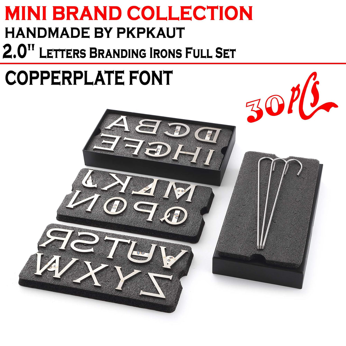 PKPKAUT 30Pcs 2" Letters Custom Wood Branding Iron Personalized for Wood Working, Leather Hats, Steak, BBQ Brander & Bread Logo, Personalized Steak Branding Iron for Food (12" Forged Handle) PKPKAUT