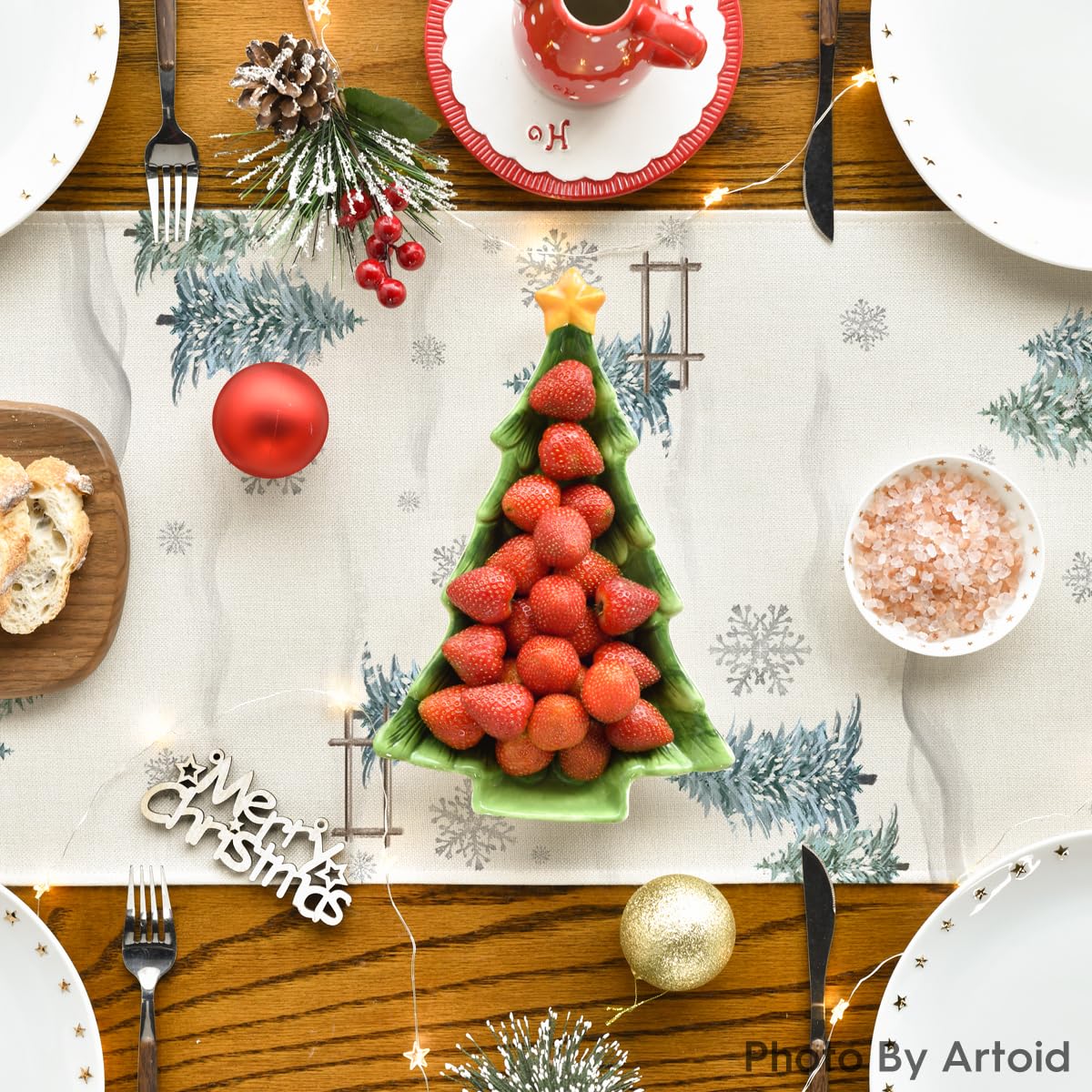 Artoid Mode Xmas Trees Let It Snow Blue Snowman Christmas Table Runner, Seasonal Winter Holiday Kitchen Dining Table Decoration for Home Party Decor 13x72 Inch Artoid Mode