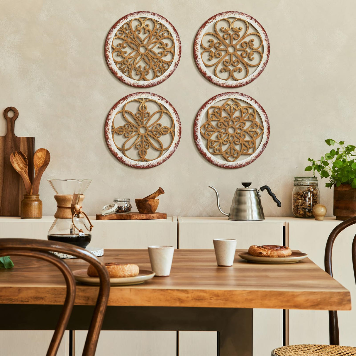 Yulejo 4 Pcs Thicken Rustic Wall Decor Farmhouse Wall Art Wooden Hollow Carved Design Decor Rustic Round Wall Art for Living Room Bedroom Hallway Decor Kitchen Wall (Light Brown,9.8 x 9.8 Inch) Yulejo