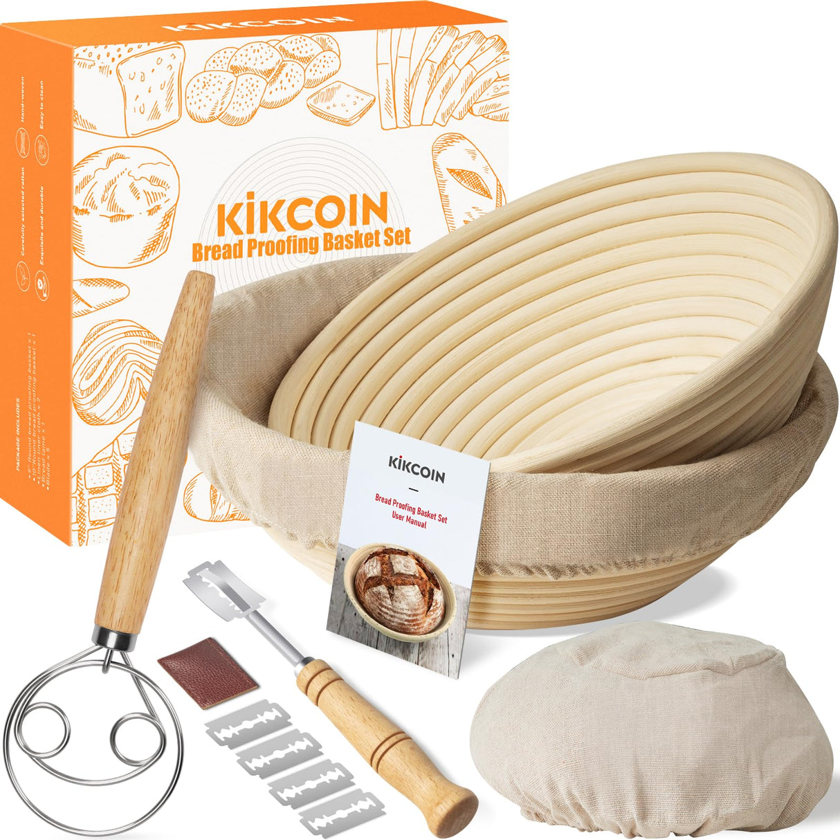 Bread Proofing Basket, Kikcoin Banneton Bread Proofing Basket Set of 2, 9 Inch & 10 Inch Round Sourdough Proofing Basket with Linen Liner, Bread Lame Kikcoin