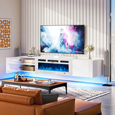 Breezestival 70" Floating TV Stand with 36" Electric Fireplace, Wall Mounted Fireplace TV Stand with Two Hinged Doors, Entertainment Center with LED Lights for Living Room, Bedroom, White Breezestival