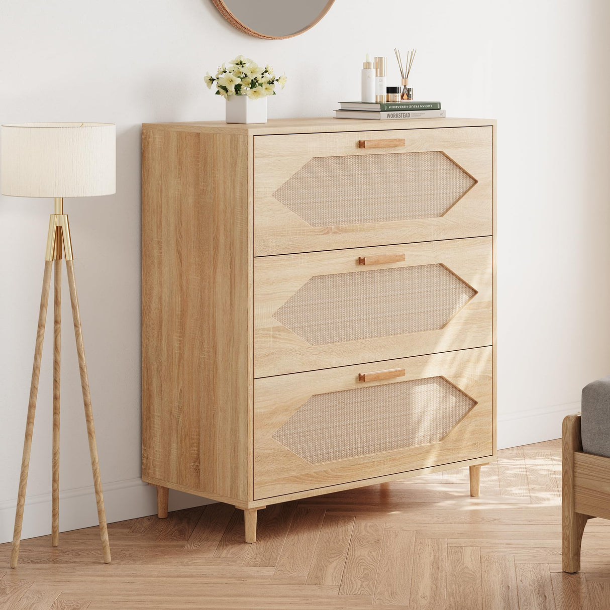 EliteEdge 31.5" Wide 3-Drawer Dresser with Rattan Fronts, Modern Wood Oak Chest of Drawers for Bedroom Closet Storage, Natural Wood Organizer for Kids Room, Hallway and Living Room Decor EliteEdge