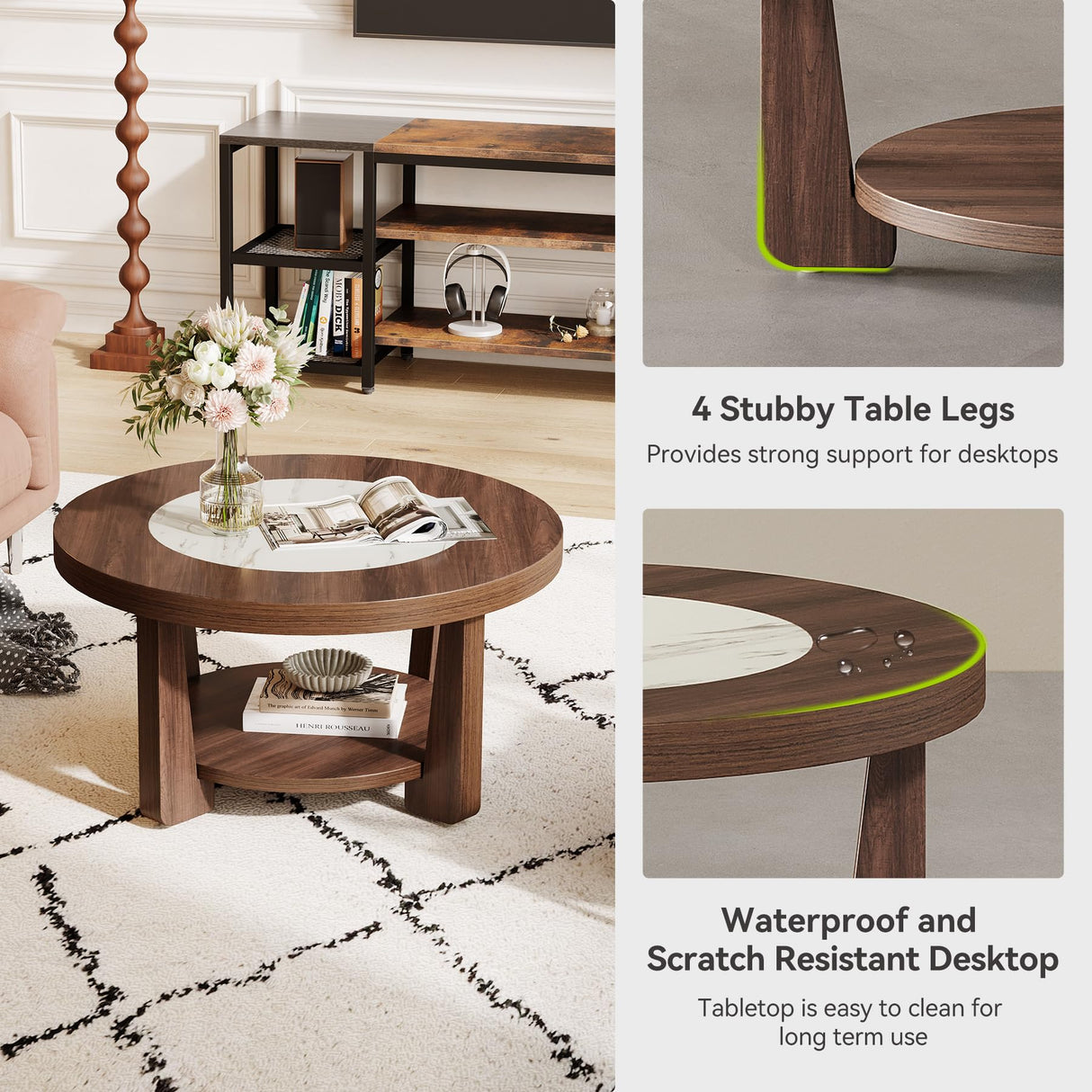 LITTLE TREE Modern Round Coffee Table, 2-Tier Wood Coffee Table with Storage, Marble-Like Tabletop for Living Room, Simple & Modern Center Table for Small Space, Brown LITTLE TREE