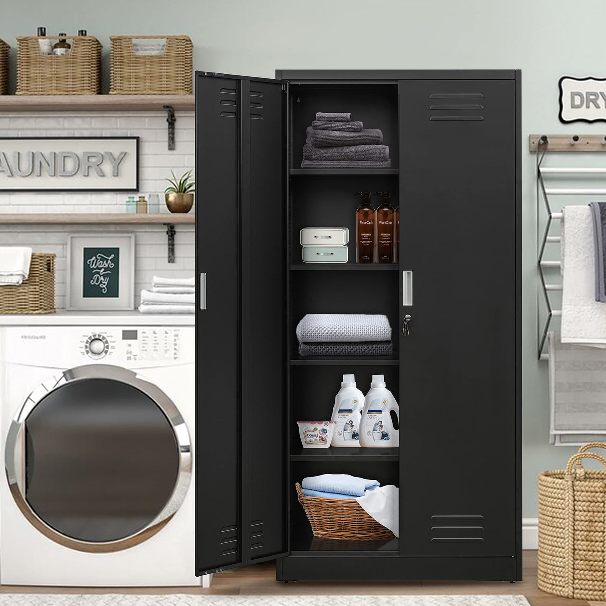 YEEZER Metal Storage Cabinet with Locking Doors and Shelves, 71" Large Garage Locker with 4 Adjustable Shelves, Steel File Cabinet for Office, Garage, Home & Pantry (White) YEEZER