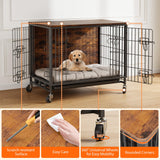 Dog Crate Furniture, 27.2" Wooden Dog Kennel with Wheels & Double Doors, Dog Cage End Table Upgraded, Indoor Dog Crate House for Small Medium Dogs, Rustic Brown GAOMON