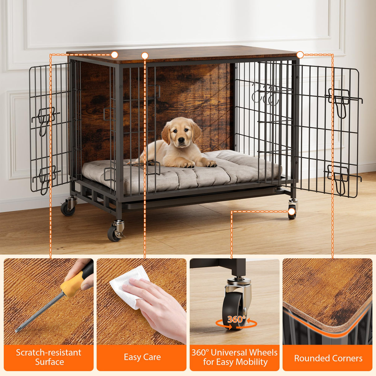 Dog Crate Furniture, 38.6" Wooden Dog Kennel with Wheels & Double Doors, Dog Cage End Table Upgraded, Indoor Dog Crate House for Large Medium Dogs, Rustic Brown GAOMON