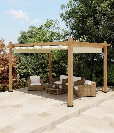IDEALHOUSE Patio Pergola, Outdoor Patio Gazebo with Retractable Sun Shade, Metal Pergola Shelter for Backyard Deck Garden (Wood-Grain, 10 x 13 FT) IDEALHOUSE