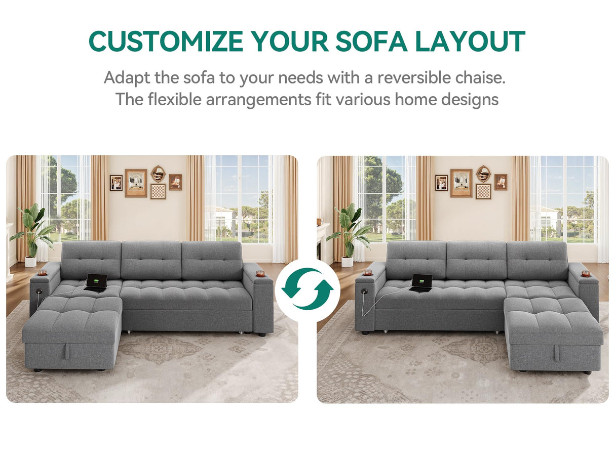 YITAHOME Sleeper Sofa, L-Shaped Sofa Couch w/Chaise & USB, 4-seat Fabric Convertible Couch Bed w/Pull Out Bed & Storage, Reversible Sectional Sofa for Living Room, Light Gray YITAHOME