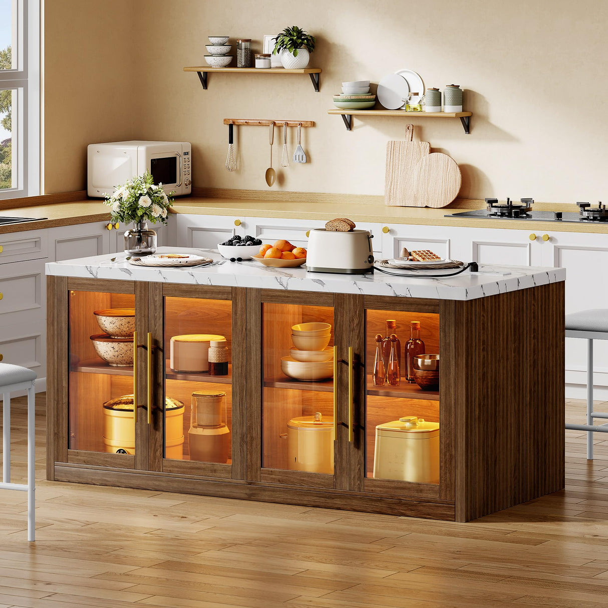 Homiflex Kitchen Island with Storage, 57" W Large Island Table with Seating/LED Light for Dining Room, Kitchen Carts on Wheels Breakfast Bar Table w/Power Outlet, Walnut Homiflex