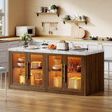 Homiflex Kitchen Island with Storage, 57" W Large Island Table with Seating/LED Light for Dining Room, Kitchen Carts on Wheels Breakfast Bar Table w/Power Outlet, Walnut Homiflex