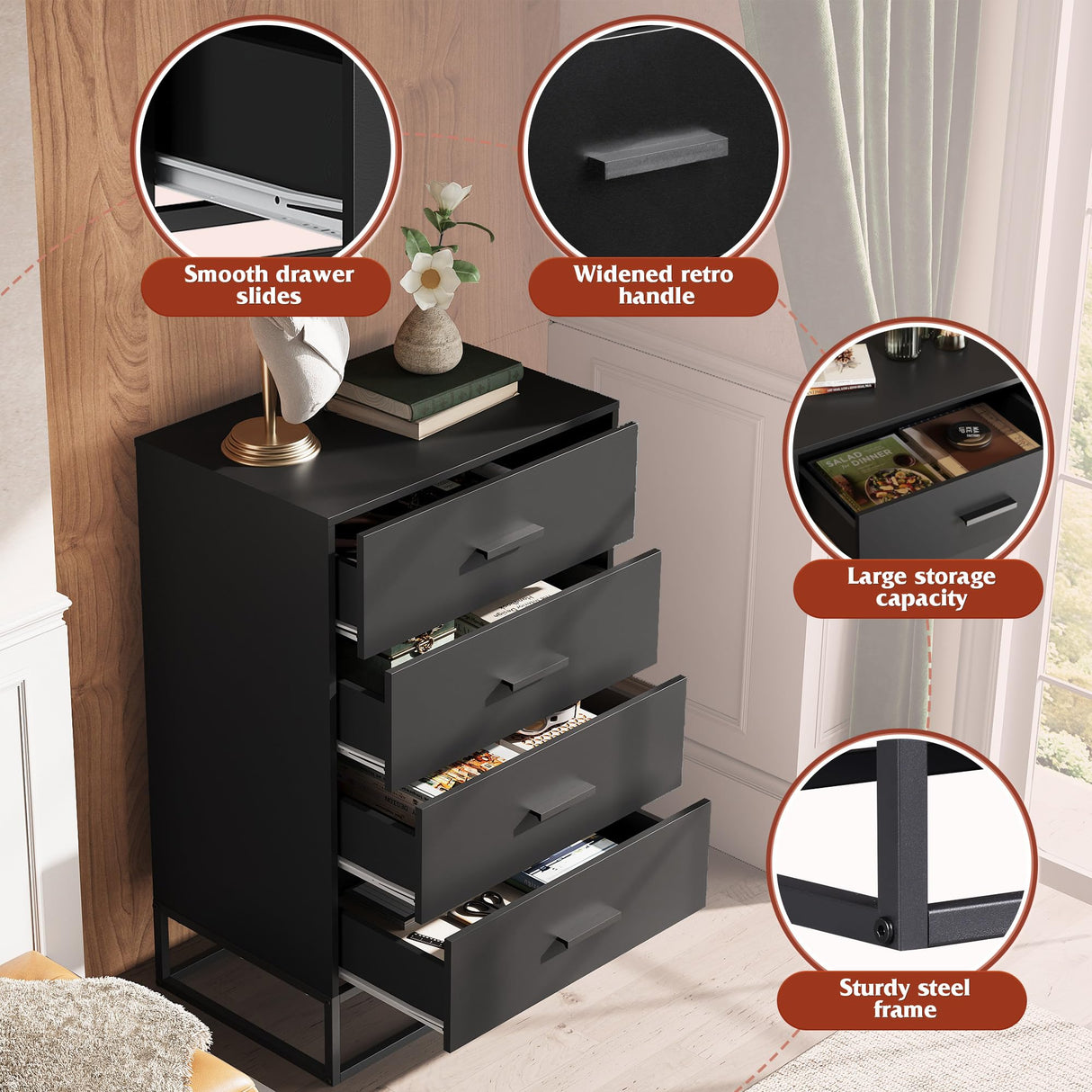 WLIVE Black Dresser for Bedroom with 4 Drawers, Tall Dresser with Sturdy Metal Frame, Wood Chest of Drawers for Closet, Living Room, Hallway WLIVE