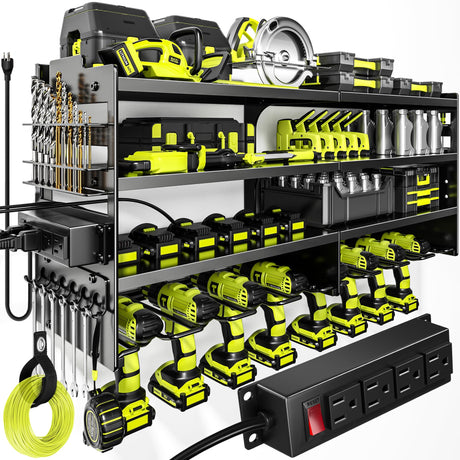 POKIPO Large Power Tool Organizer Wall Mount with Charging Station,4 Layer Heavy Duty Metal Tool Storage Rack Loads 600lbs with 8 Cordless Drill Holder,Battery Utility Rack Loads with 4 Power Strip POKIPO