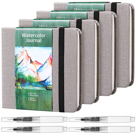 Dispowreath 4 Set Watercolor Sketchbook Journal with Watercolor Brush Pens 300 GSM Cotton Paper Portable Square Small Pocket Notebook Travel for Painters Art Supplies (3.9 x 3.9 Inch) Dispowreath