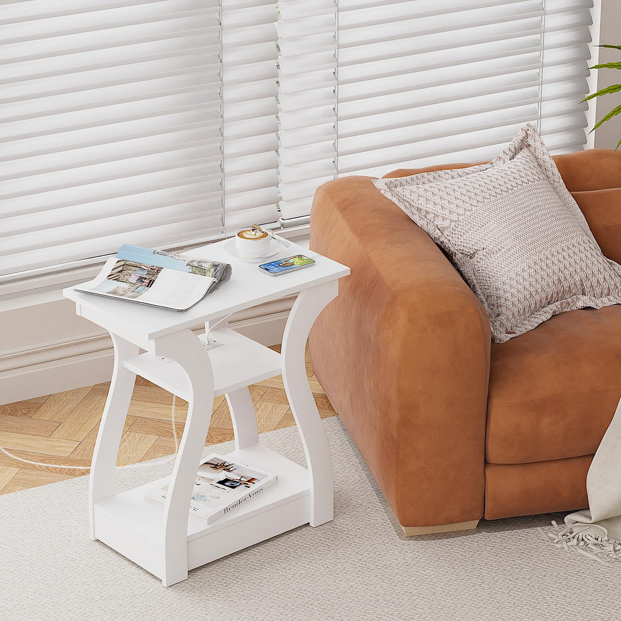 FROMJBEST End Tables Living Room Set of 2,End White Table with Charging Station, Side Table, Nightstand for Bedroom, 3 Tier End Table with Storage Shelf for Living Room White FROMJBEST