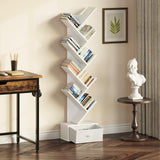 Rolanstar Tree Bookshelf with Drawer, 9 Shelf Bookshelf, Wooden Bookcase Storage Rack for CDs/Movies/Books, Corner Bookshelves, Utility Organizer Shelves for Living Room, Bedroom, White Rolanstar
