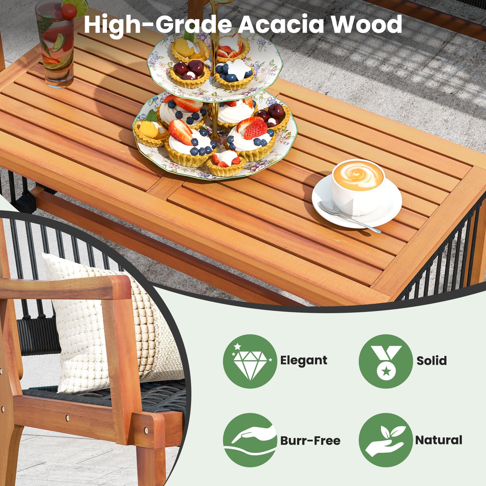 HAPPYGRILL 4 Pieces Patio Furniture Set Acacia Wood Conversation Set with Hand-Woven Rope Design, Ergonomic Loveseat & Single Chairs, Wooden Chair & Table Set for Porch Yard Poolside - WoodArtSupply