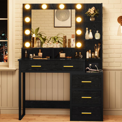 Tiptiper Makeup Vanity with Lights, Black Vanity Desk with Mirror & 3 Lighting Modes, Vanity Table with USB Ports and Outlets, Makeup Table with Nightstand & Storage Shelves & Drawers (Modern Black)