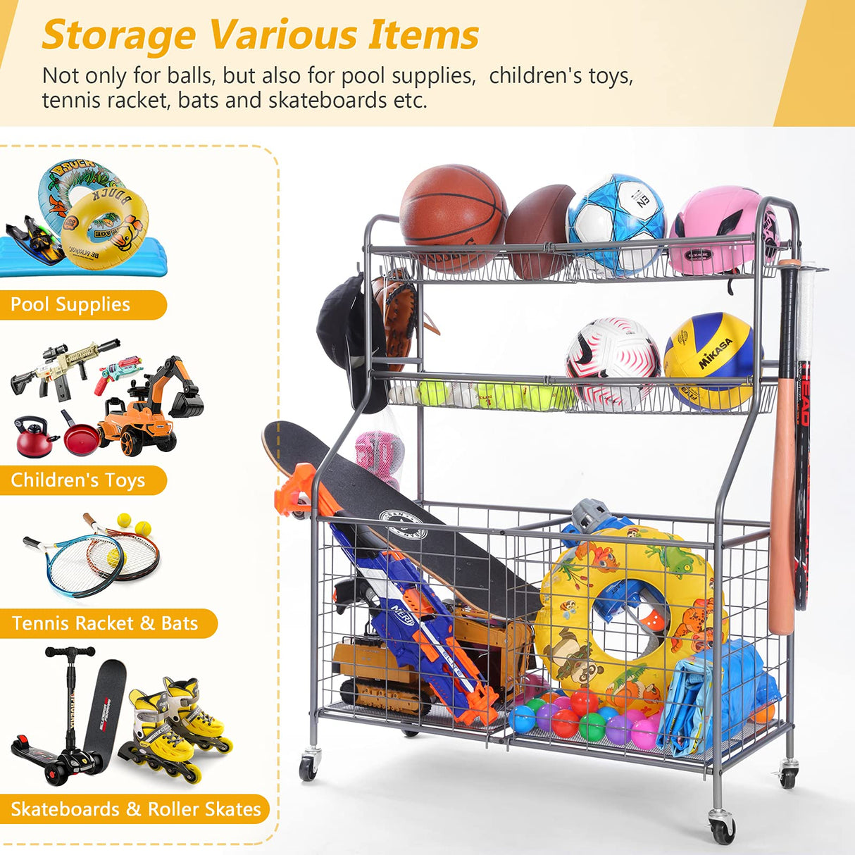 Kinghouse Garage Sports Equipment Organizer, Ball Storage Rack, Toy Storage, Nerf Gun Organization on Wheels for School, Garage, Black, Steel (Grey) Kinghouse