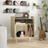 Semiocthome Record Player Stand with Vinyl Storage, Record Player Table with Storage Shelf, Turntable Stand with Rattan Cabinet Door, Side Table with Solid Wood Legs for Turntables for Living Room Semiocthome
